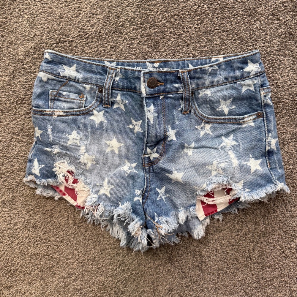 Mossimo High Rise Star Print Distressed Denim Shorts Womens 2/26 Patriotic Blue